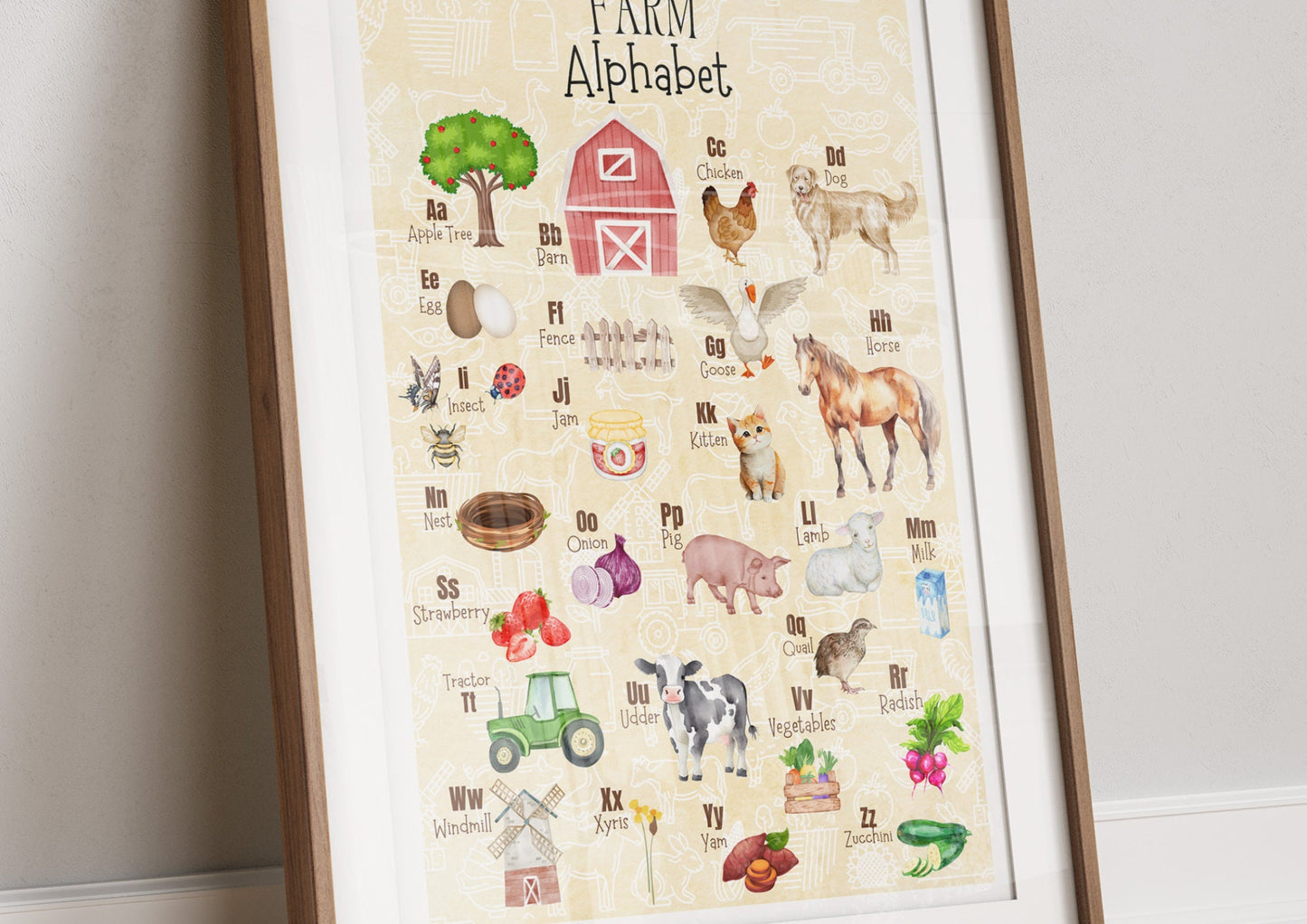 Farm Alphabet Poster: Watercolor Nursery Print, Farm Animals