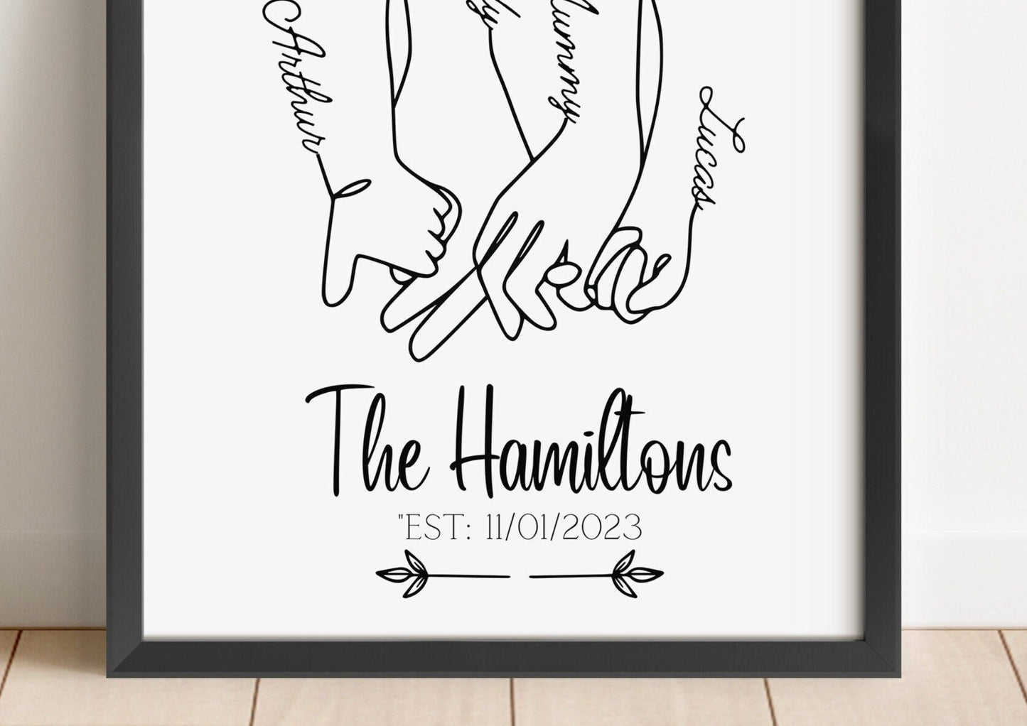 Personalised Family Hand Holding Line Art, Custom Family Name Print, Minimalist Wall Art, Family Established Sign, Custom Home Decor