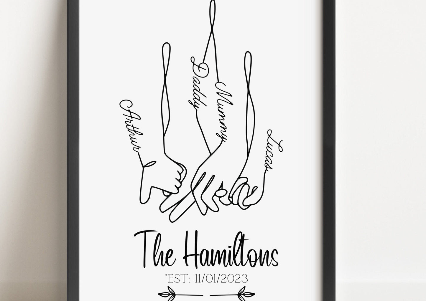 Personalised Family Hand Holding Line Art, Custom Family Name Print, Minimalist Wall Art, Family Established Sign, Custom Home Decor