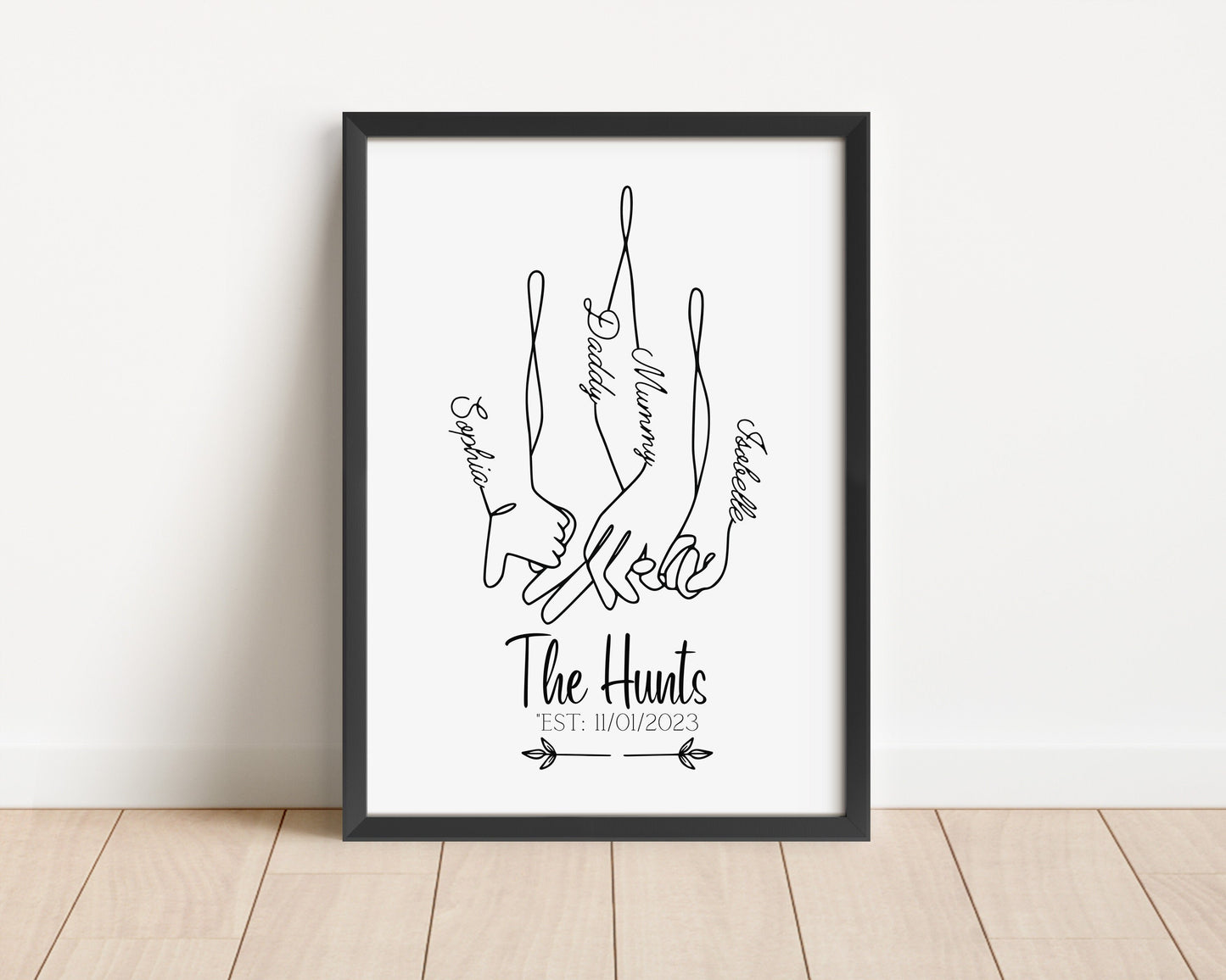 Personalised Family Hand Holding Line Art, Custom Family Name Print, Minimalist Wall Art, Family Established Sign, Custom Home Decor