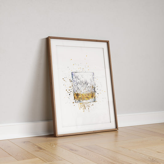Whisky Glass Modern Deco Watercolor Print: Home Bar Wall Art