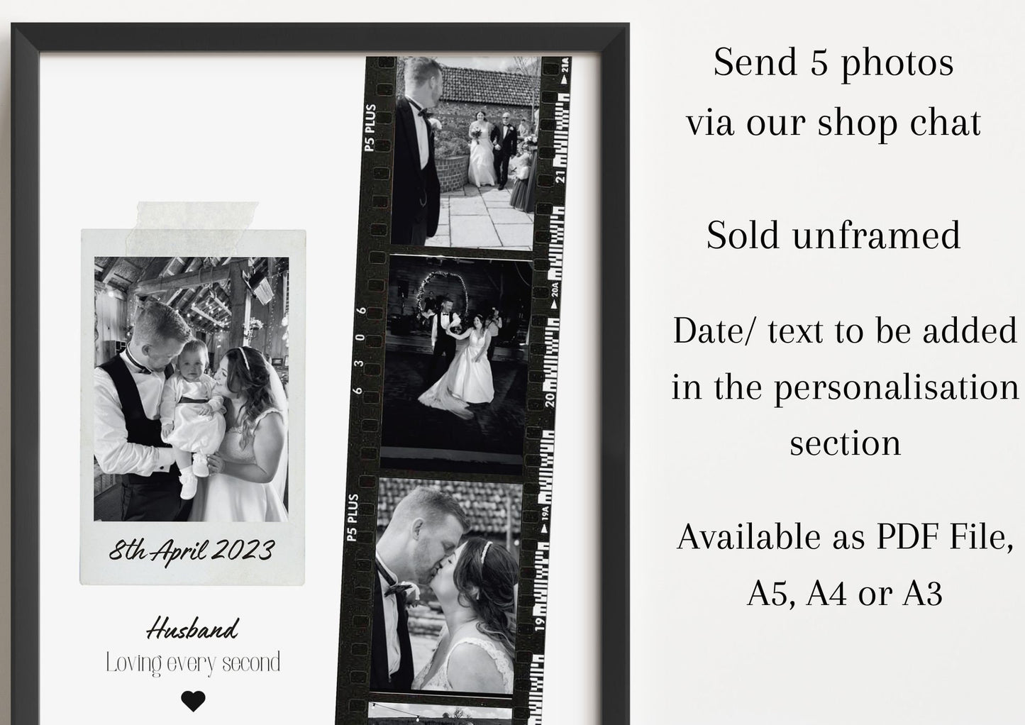 Personalised Husband Photo Collage Gift – Custom Couple Print with Film Strip Style – Romantic Anniversary or Valentine’s Day Gift for Him