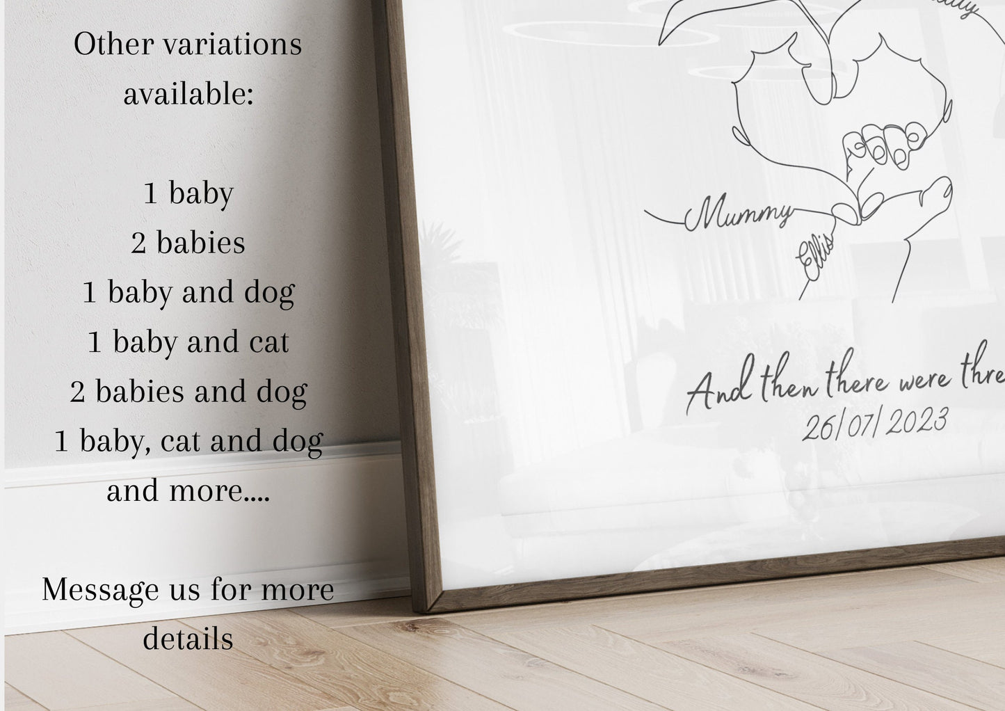 Personalised Family Hands with Dog Paw, Mum Newborn Gift, New Baby Print, New Mummy Daddy Gift, Minimalist Line Art, Birthday Gift for Her