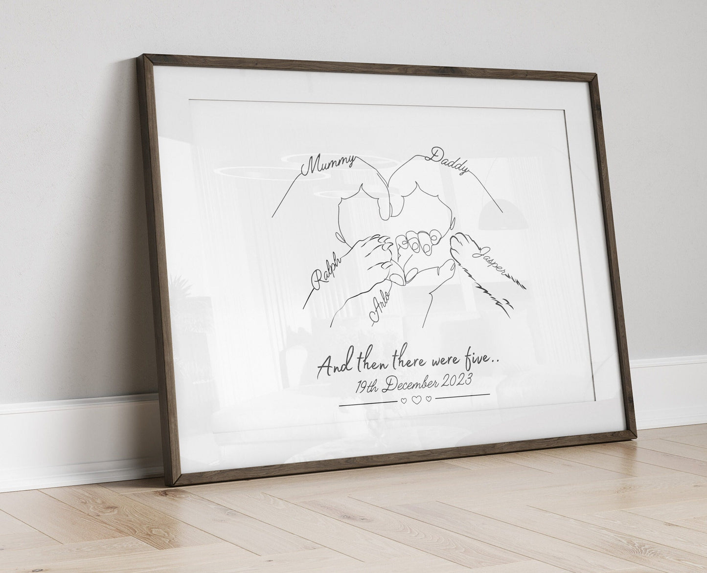Personalised Family Hands Dog & Cat Paw, Gift for New Baby, New Mummy Daddy Gift, Minimalist Line Art, Mother Birthday Gift, Pet Family Gift