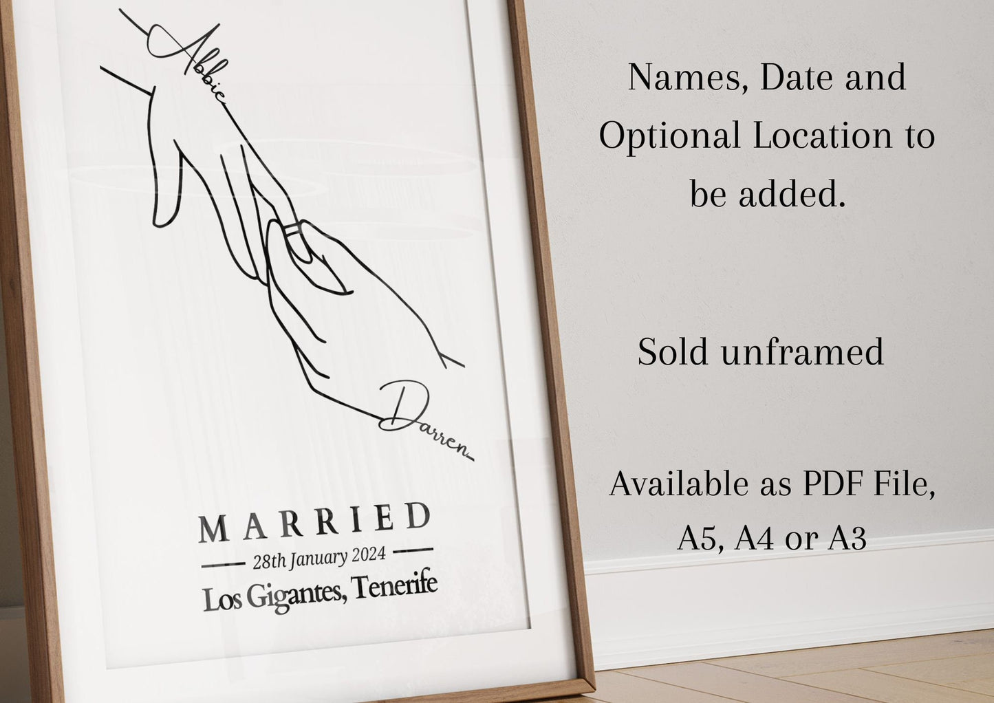 Wedding Personalised Gift Print, Just Married Gift, Hands Line Art, Wedding Gift, Bride and Groom Gift, Anniversary Gift Idea for Her.