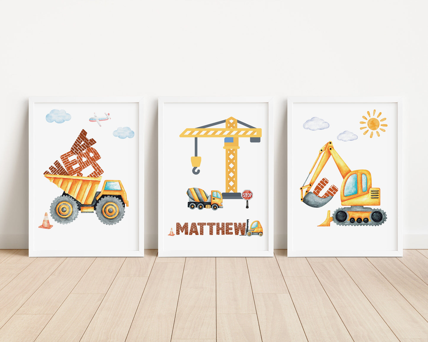 Personalised Construction Bedroom Print Set, Diggers and Trucks Nursery Decor, Vehicle Wall Art, Childrens Building Art, Sons Bedroom Decor