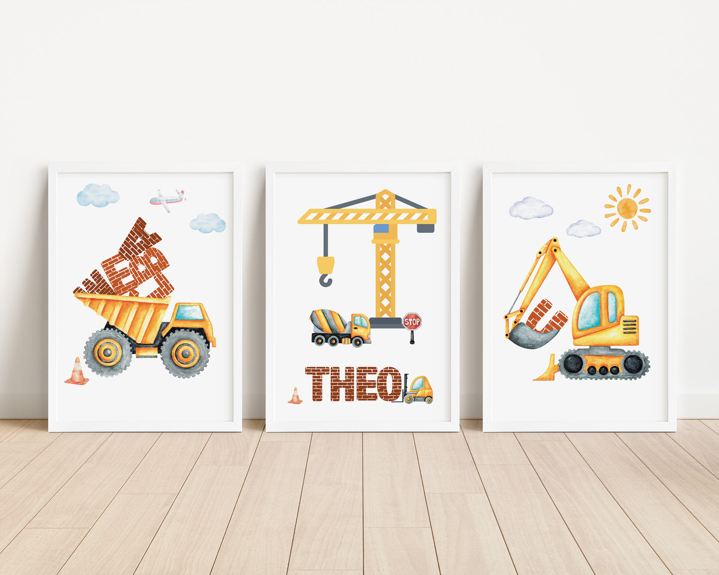 Personalised Construction Bedroom Print Set, Diggers and Trucks Nursery Decor, Vehicle Wall Art, Childrens Building Art, Sons Bedroom Decor