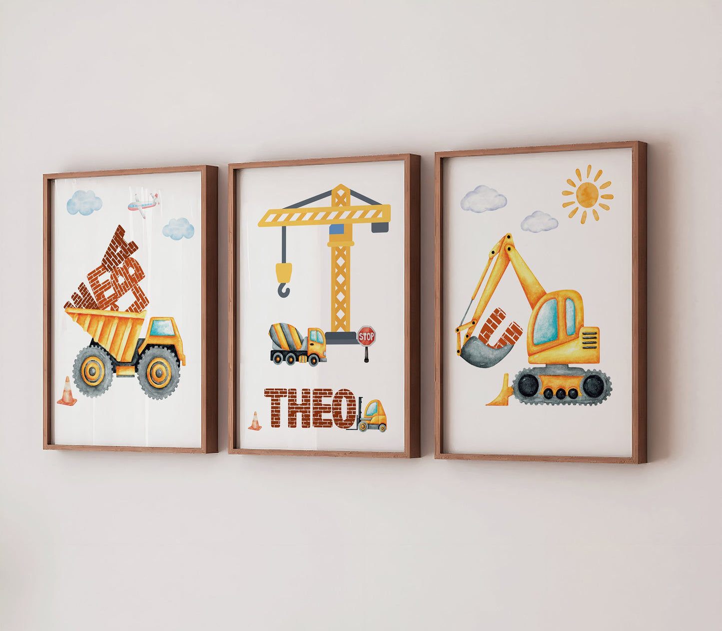 Personalised Construction Bedroom Print Set, Diggers and Trucks Nursery Decor, Vehicle Wall Art, Childrens Building Art, Sons Bedroom Decor