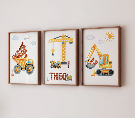 Personalised Construction Bedroom Print Set, Diggers and Trucks Nursery Decor, Vehicle Wall Art, Childrens Building Art, Sons Bedroom Decor