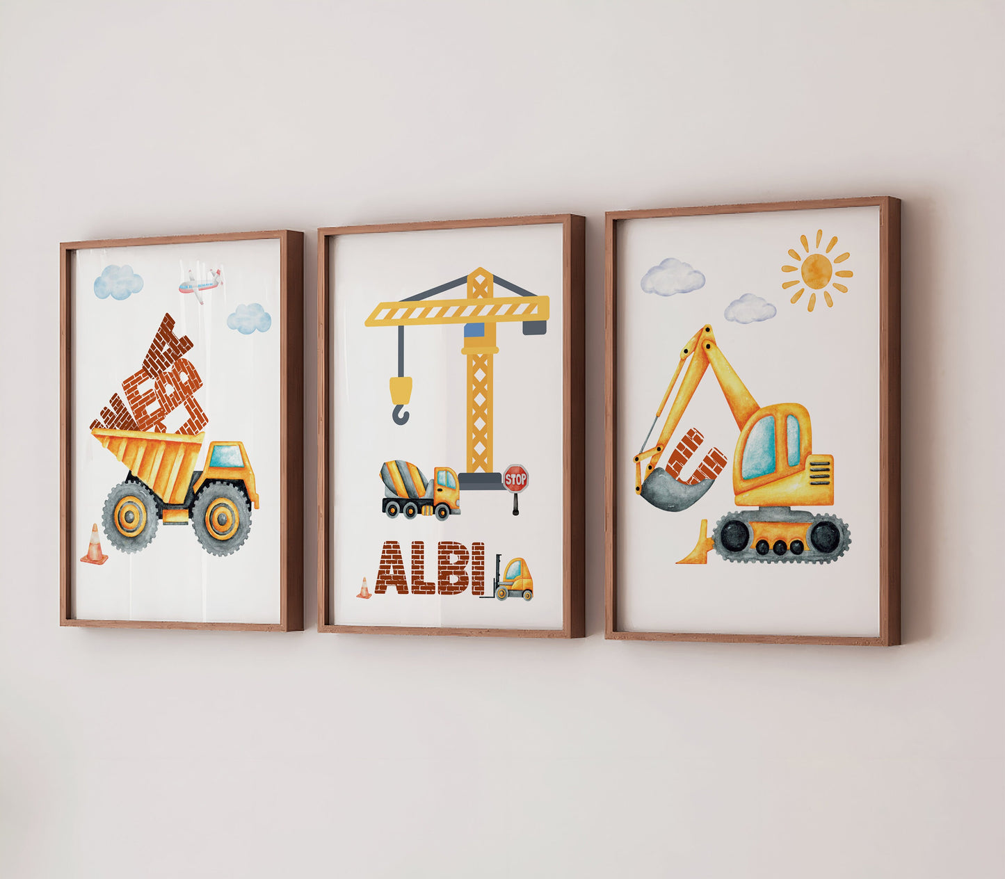 Personalised Construction Bedroom Print Set, Diggers and Trucks Nursery Decor, Vehicle Wall Art, Childrens Building Art, Sons Bedroom Decor