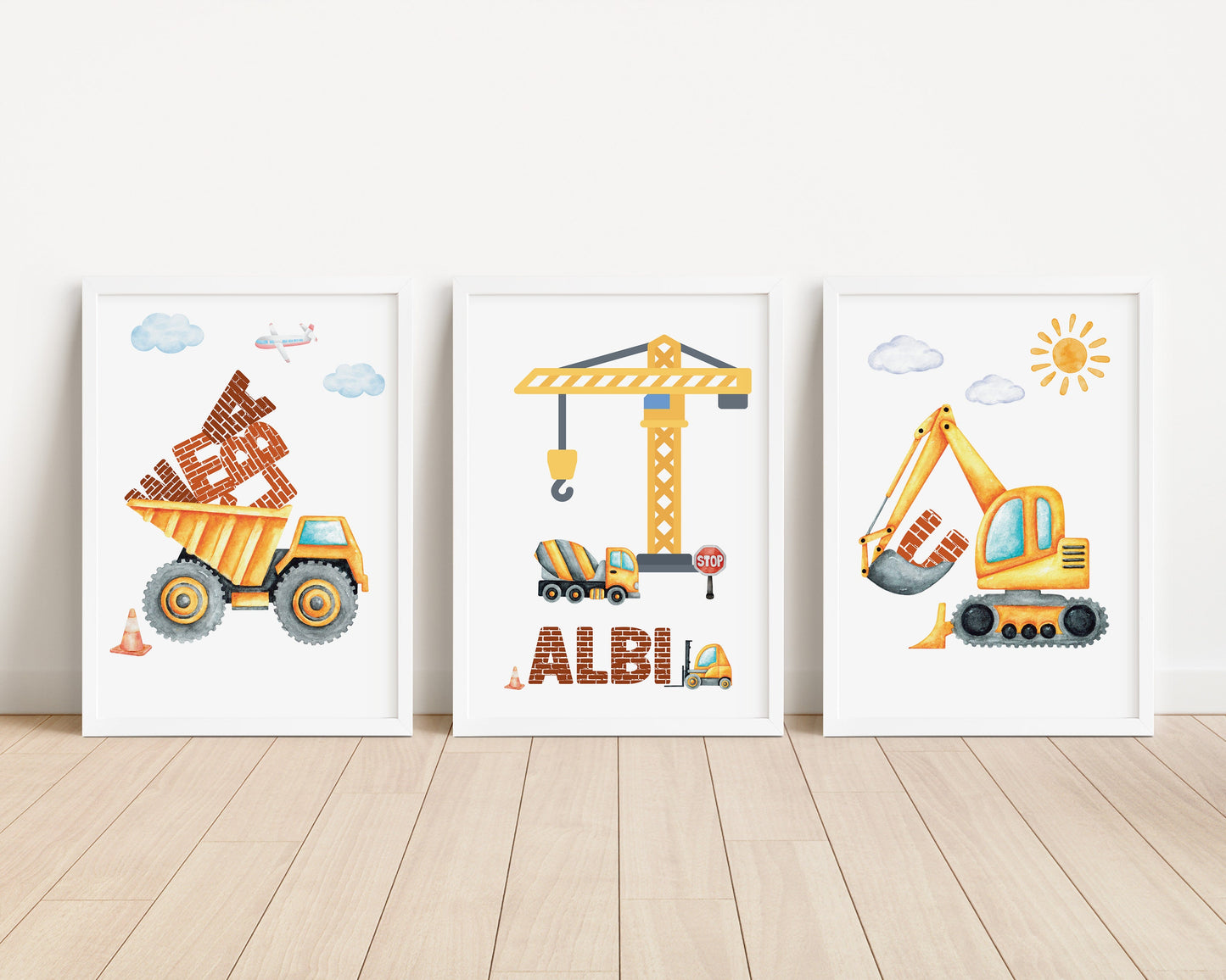 Personalised Construction Bedroom Print Set, Diggers and Trucks Nursery Decor, Vehicle Wall Art, Childrens Building Art, Sons Bedroom Decor