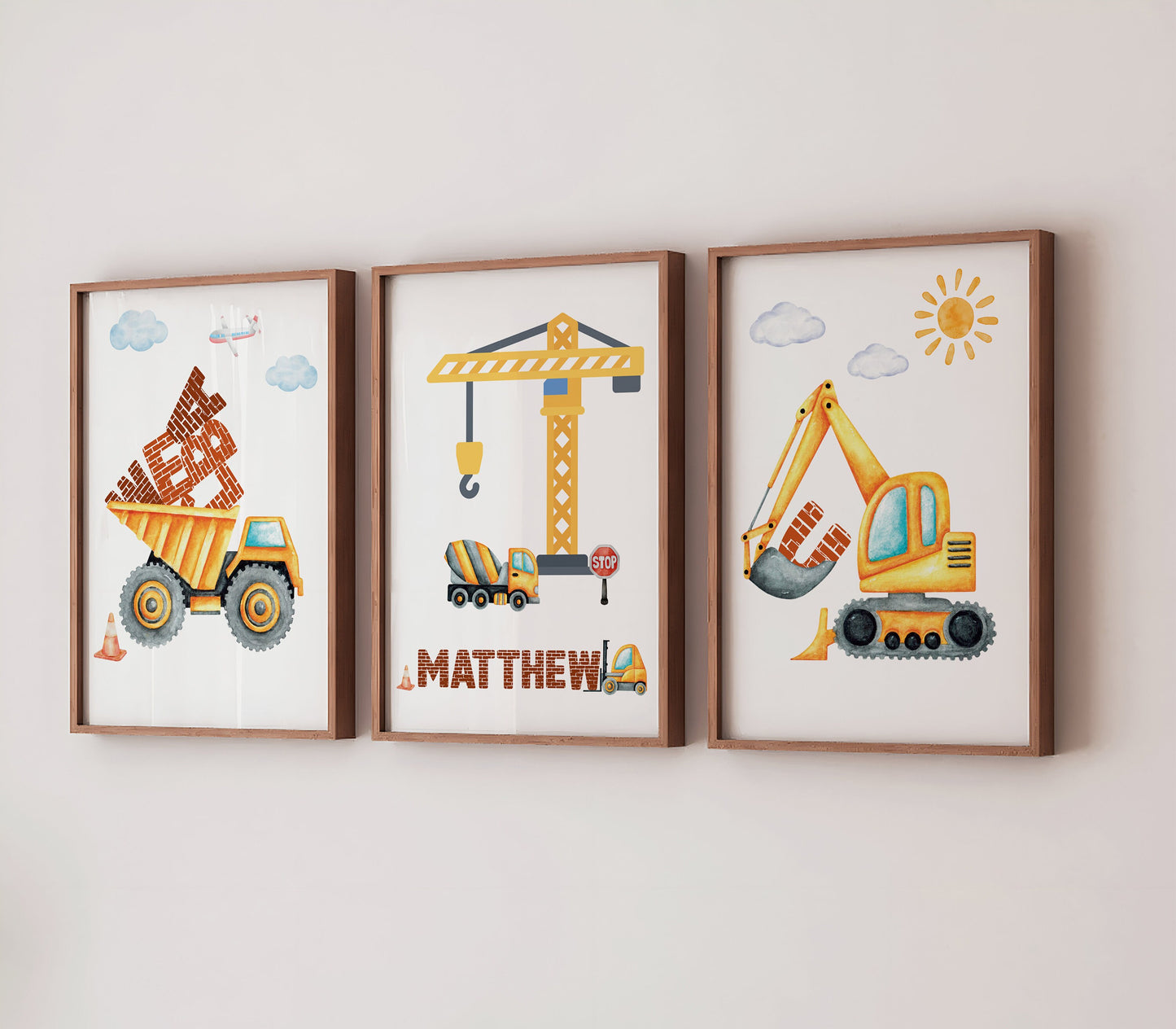 Personalised Construction Bedroom Print Set, Diggers and Trucks Nursery Decor, Vehicle Wall Art, Childrens Building Art, Sons Bedroom Decor