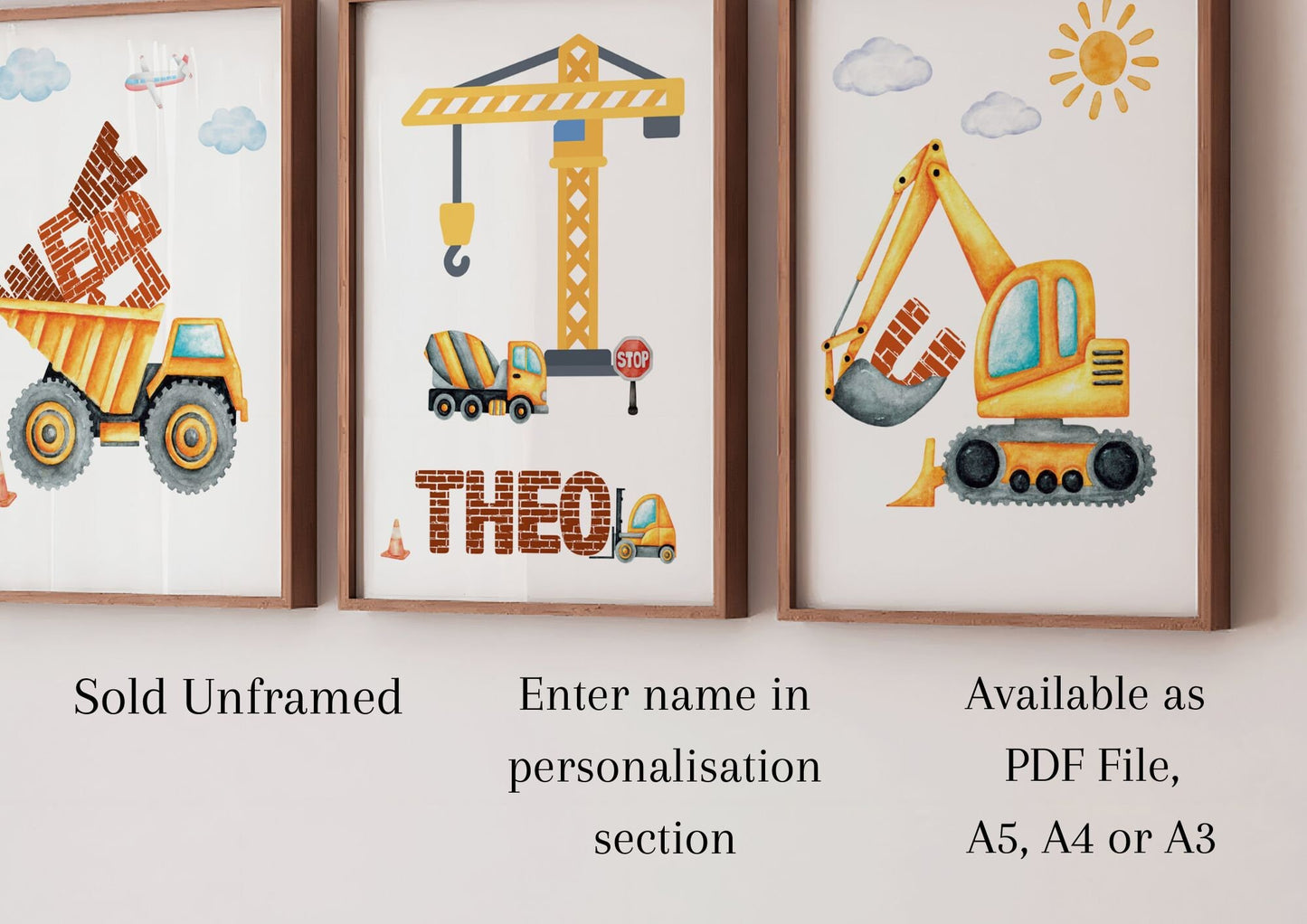 Personalised Construction Bedroom Print Set, Diggers and Trucks Nursery Decor, Vehicle Wall Art, Childrens Building Art, Sons Bedroom Decor