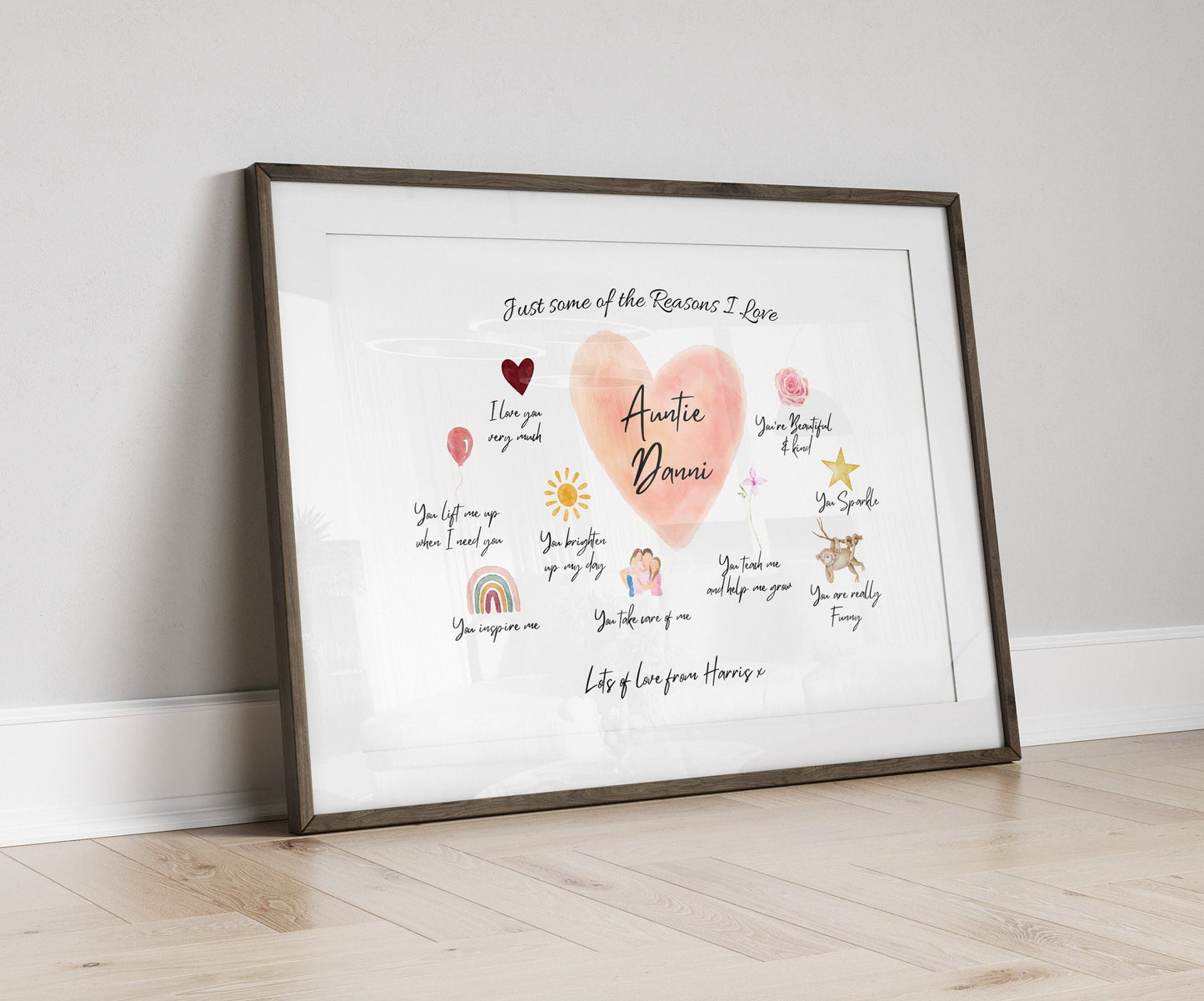 Personalized Auntie Reasons I Love You Print - Framed Watercolor Art