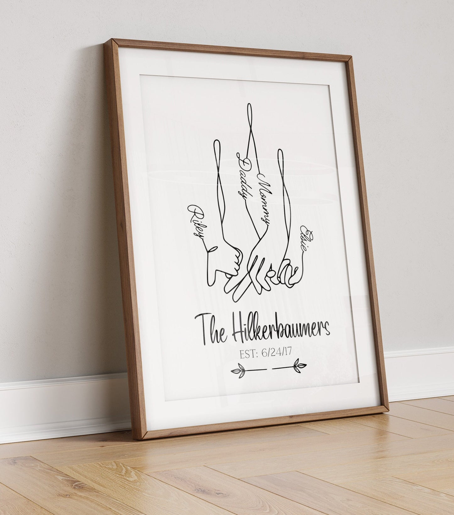 Personalised Family Hand Holding Line Art, Custom Family Name Print, Minimalist Wall Art, Family Established Sign, Custom Home Decor