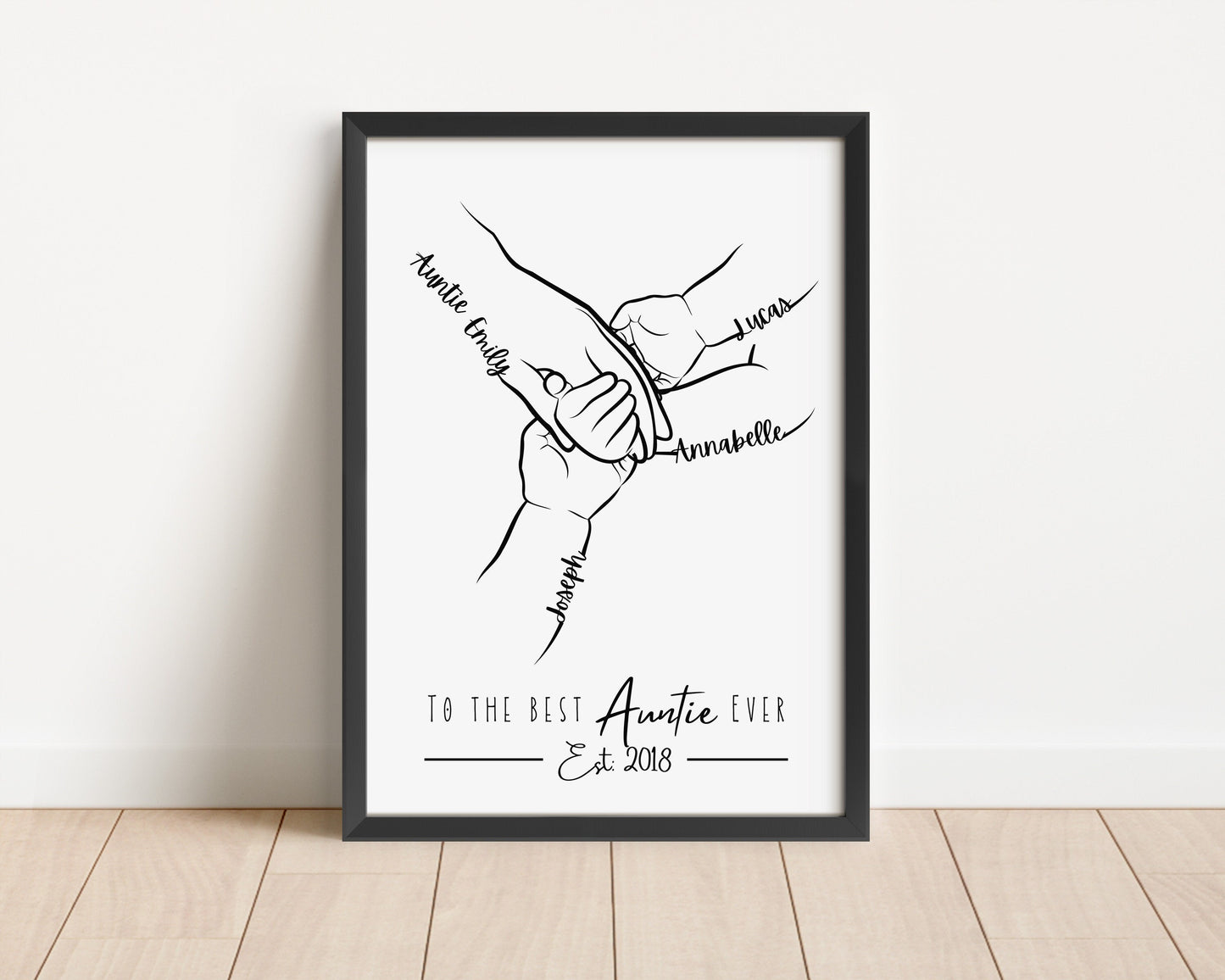 Custom Auntie Hands Print, Birthday Gift for Aunty from Nephew Niece, 1 to 4 Child Hands, Minimalist Line Art, Aunt Family Hands Keepsake