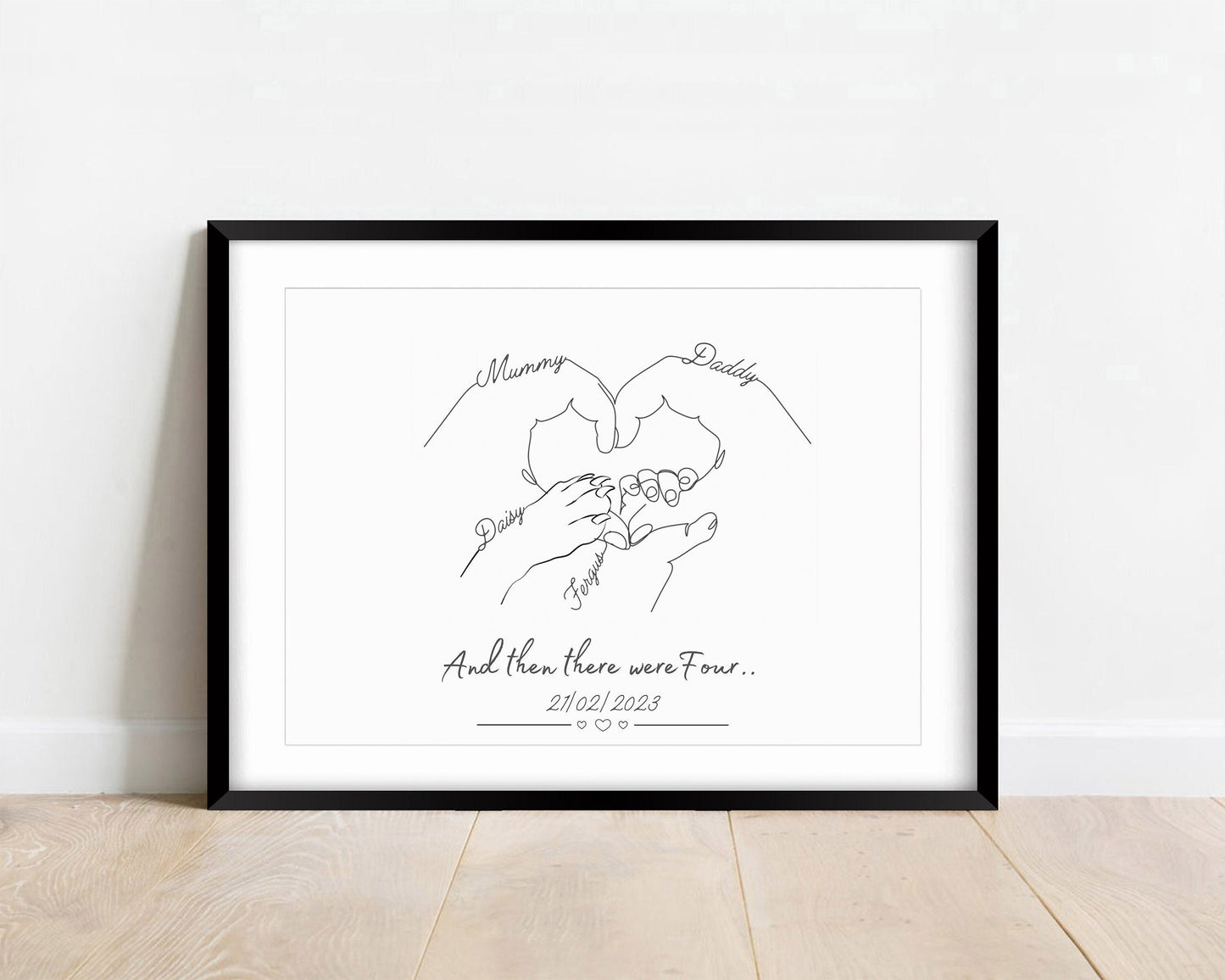 Personalised Family Hands with Dog Paw, Mum Newborn Gift, New Baby Print, New Mummy Daddy Gift, Minimalist Line Art, Birthday Gift for Her