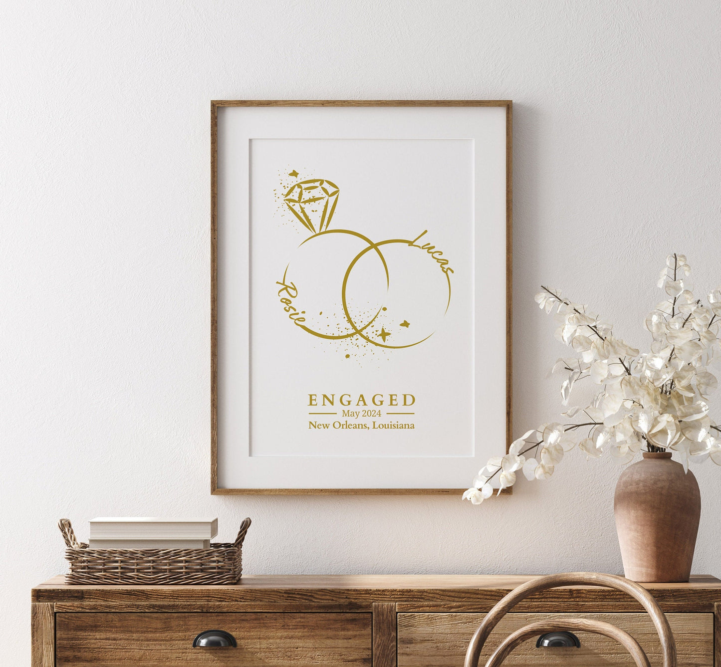Personalised Engagement Print: Minimalist Rings Line Art, Custom Couple Gift