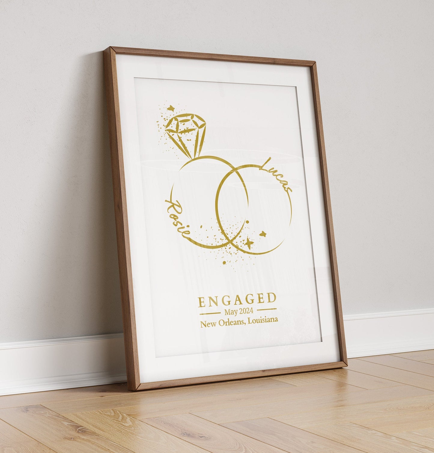 Personalised Engagement Print: Minimalist Rings Line Art, Custom Couple Gift