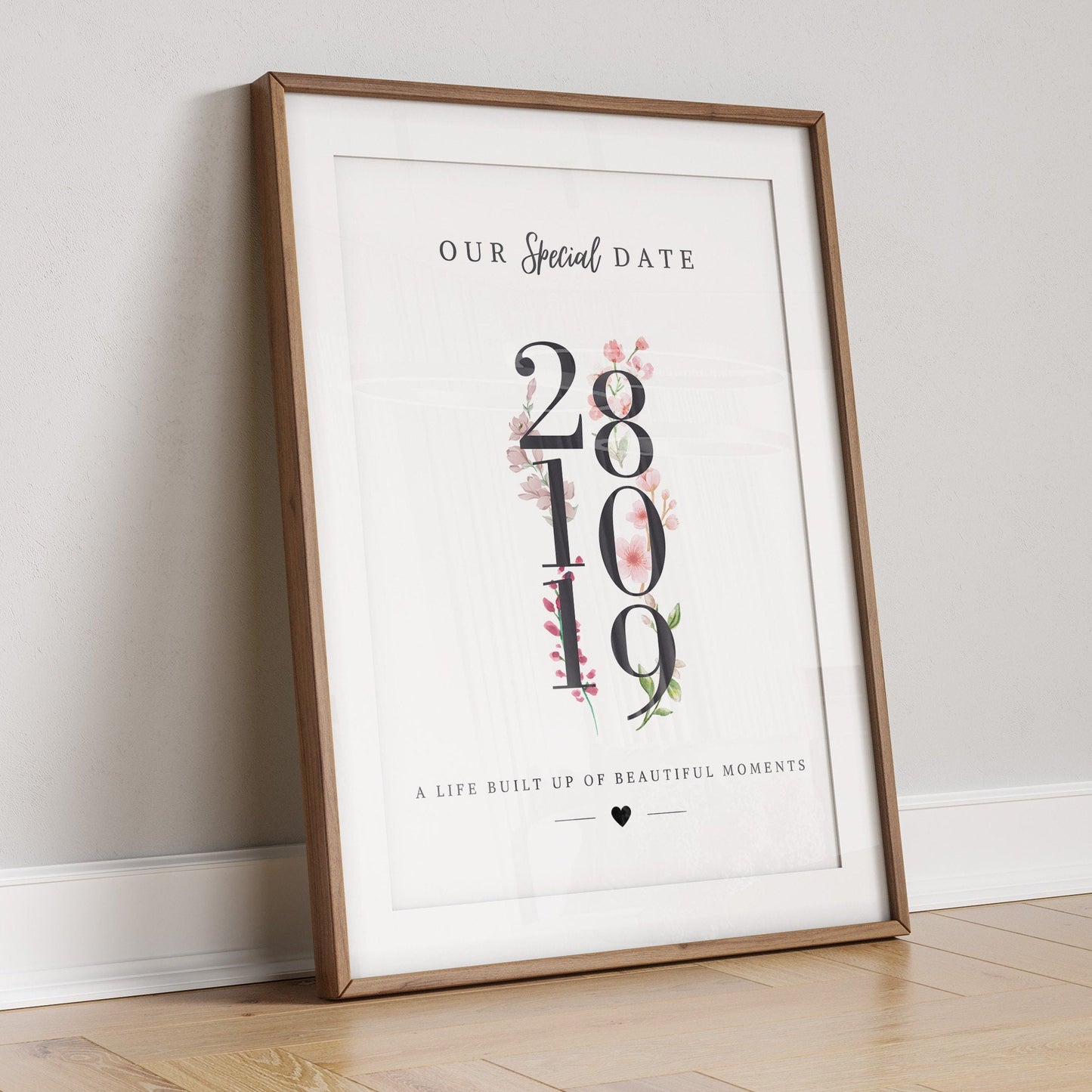 Custom Floral Anniversary Date Print: Birthday Gift for Partner Wife, Framed Date Poster