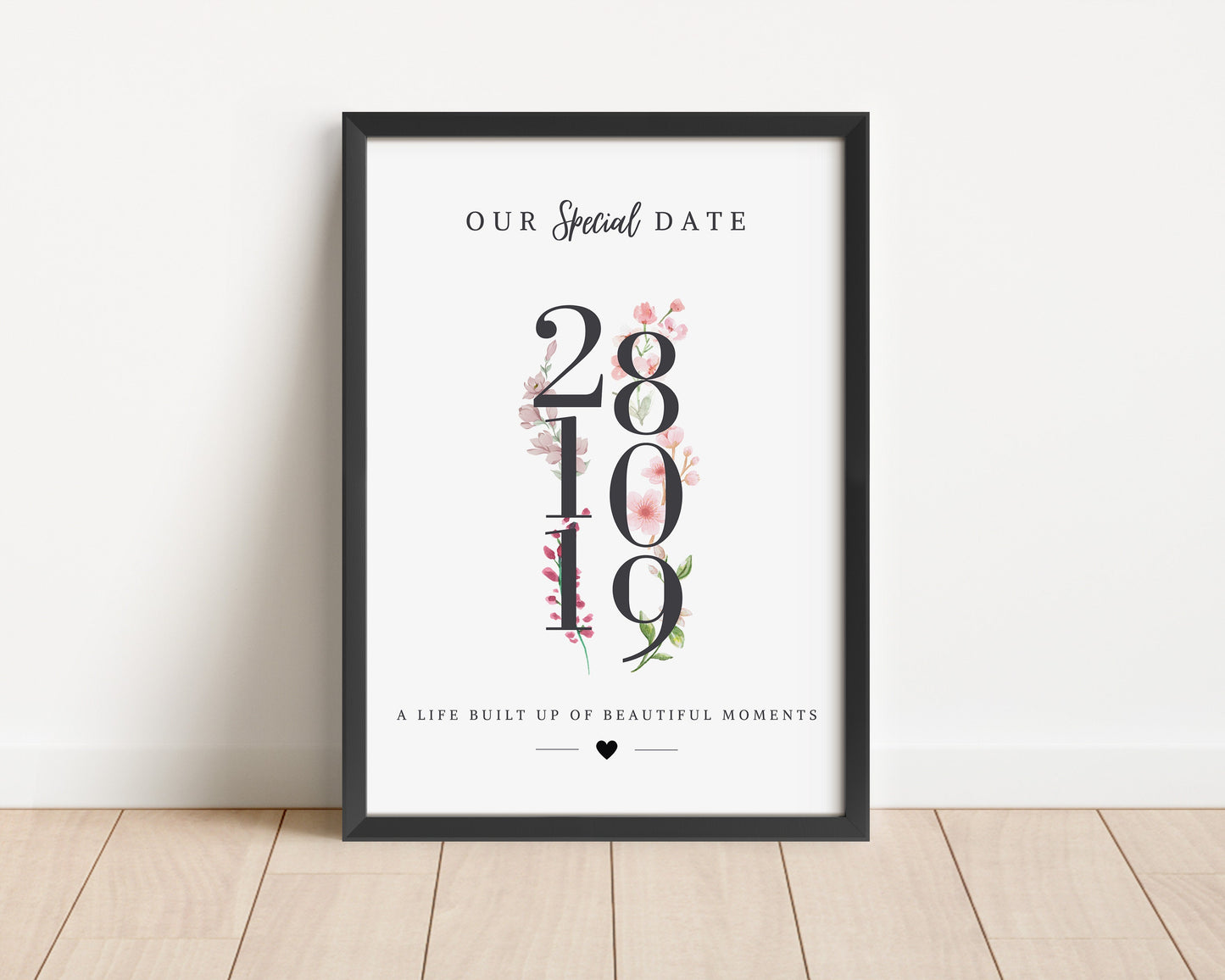 Custom Floral Anniversary Date Print: Birthday Gift for Partner Wife, Framed Date Poster