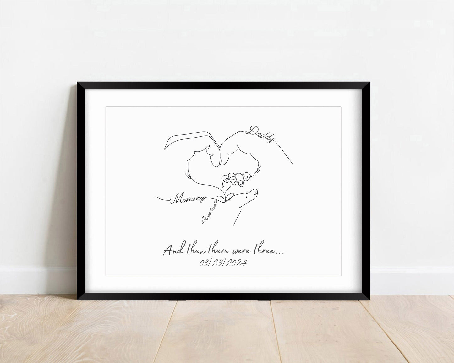 Personalized family handprint illustration featuring adult and baby hands with custom names and date.