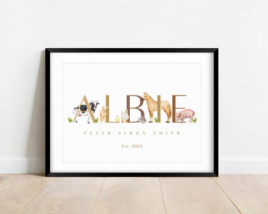 Personalized Farm Animal Nursery Print: Rustic Watercolor Name Gift