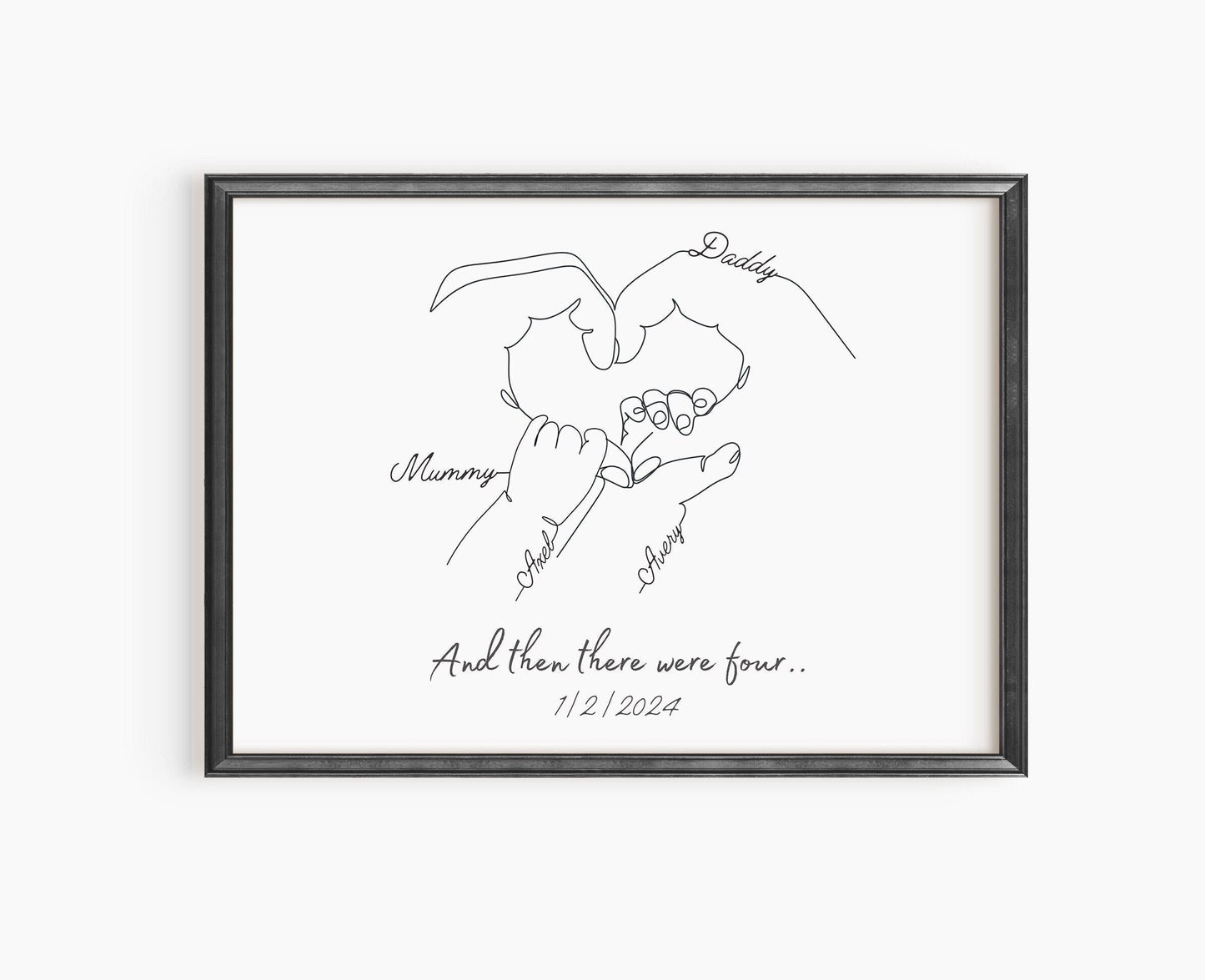 Minimalist line art illustration of a family of four holding hands, personalized with names and birth dates.