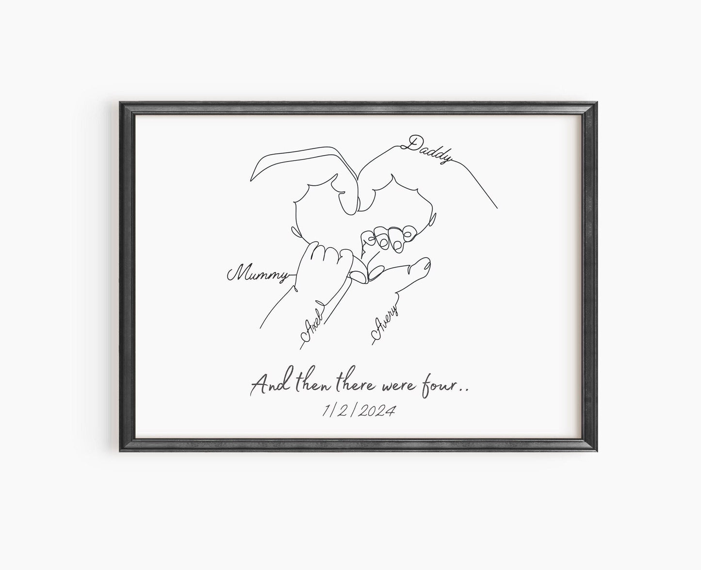 Personalised Family of Four Gift, Newborn Print Mum, Second Baby Hands Print, New Family, Minimalist Line Art, Unique Birthday Gift Mom