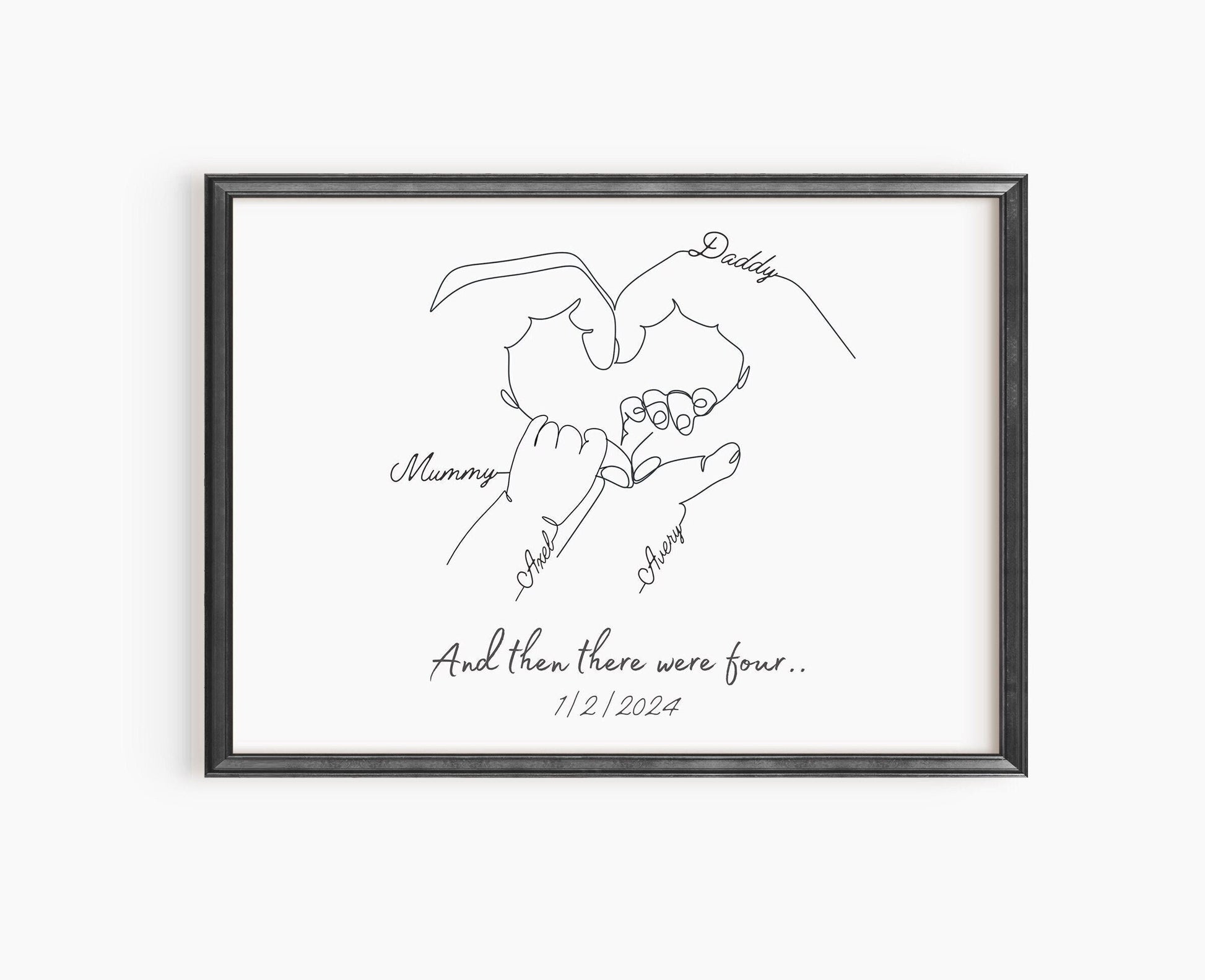 Minimalist line art illustration of a family of four holding hands, personalized with names and birth dates.