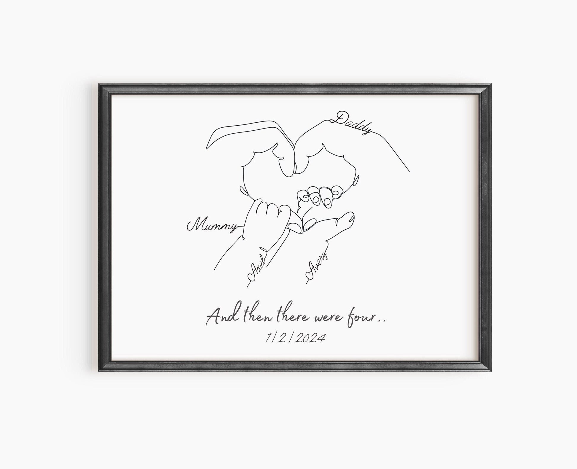 Minimalist line art illustration of a family of four holding hands, personalized with names and birth dates.