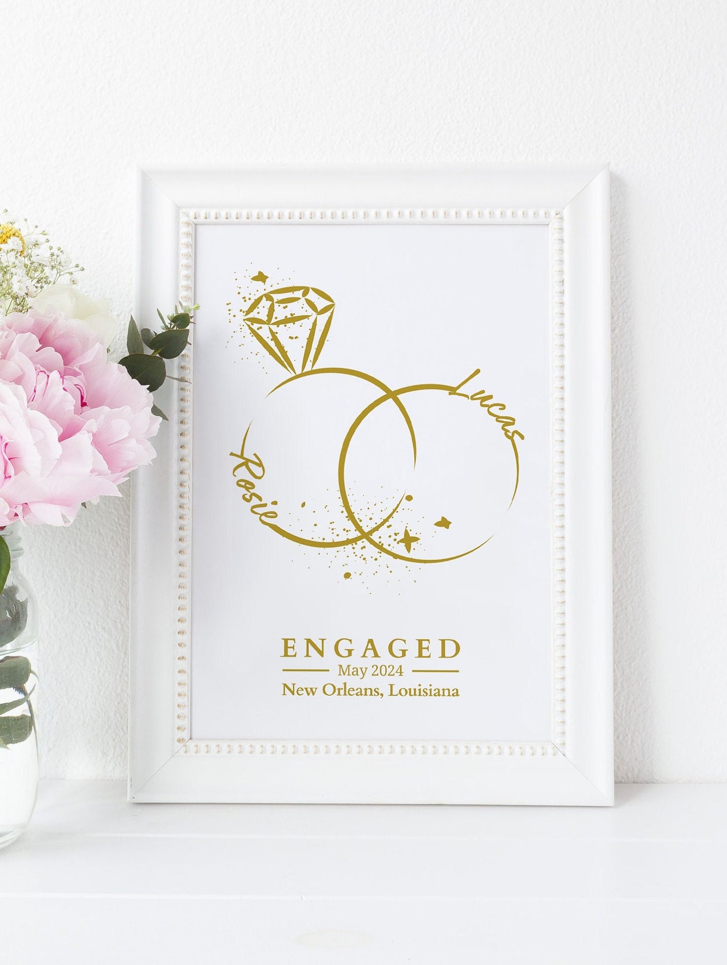 Personalised Engagement Print: Minimalist Rings Line Art, Custom Couple Gift