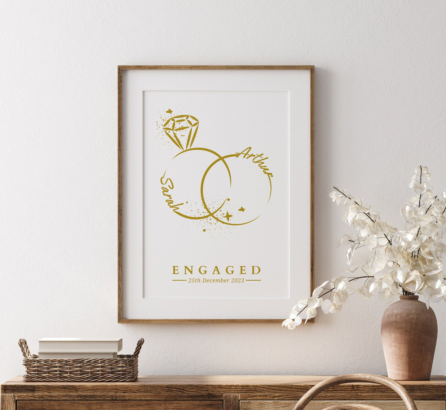 Personalised Engagement Print: Minimalist Rings Line Art, Custom Couple Gift