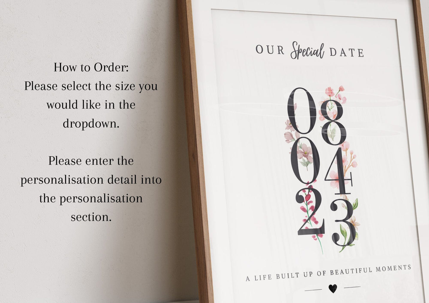 Custom Floral Anniversary Date Print: Birthday Gift for Partner Wife, Framed Date Poster