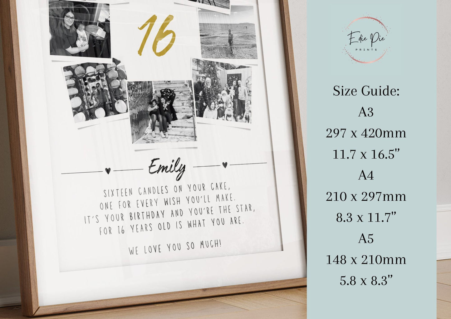 Personalised 16th Birthday Photo Collage, Sweet 16 Celebration Gift, Son Daughter Sentimental Framed Keepsake