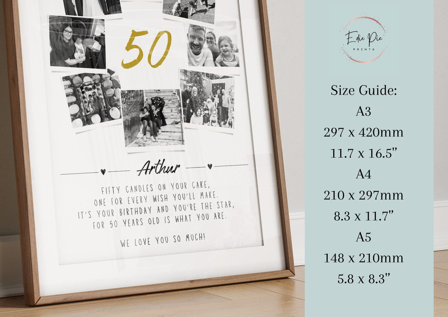 Personalised 50th Birthday Photo Collage, 50th Birthday Gift, 50th Celebration Party Decor, 50th Gift Mother Fifty Custom Gift Print
