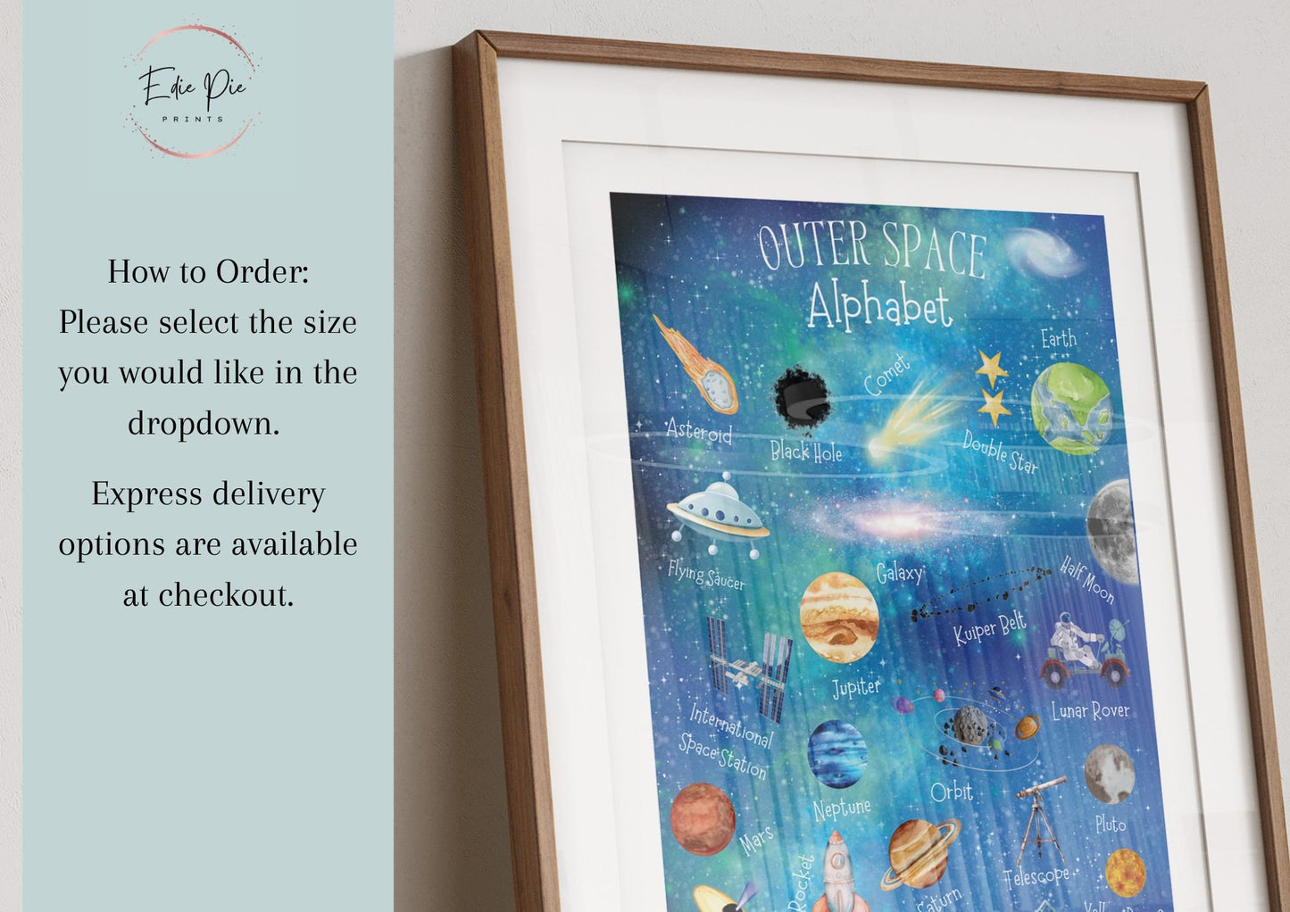 Outer Space Alphabet Print: Watercolor Planets, Rockets, Stars