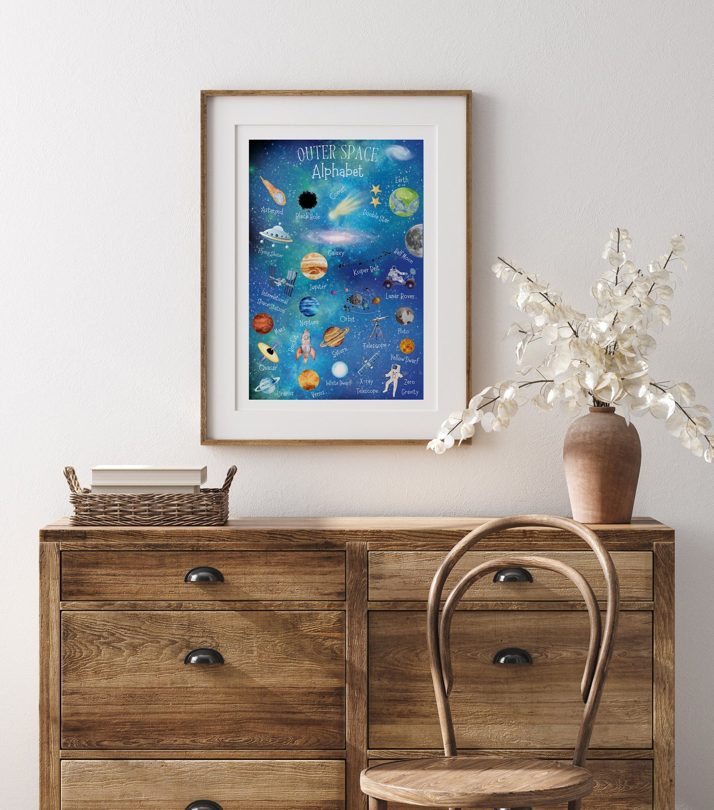 Outer Space Alphabet Print: Watercolor Planets, Rockets, Stars