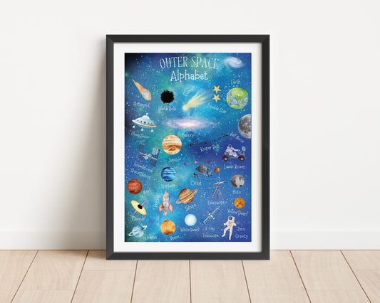 Outer Space Alphabet Print: Watercolor Planets, Rockets, Stars