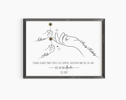 Personalised Auntie Gift: Flower Line Art Print for Aunt from Niece/Nephew