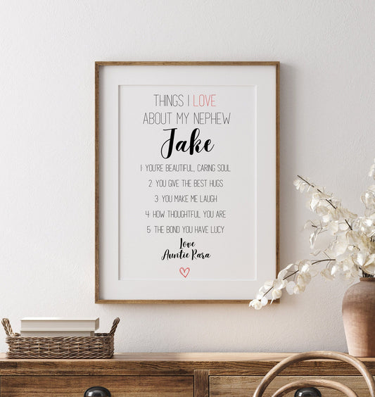 Personalized Nephew Gift Print: Reasons I Love You