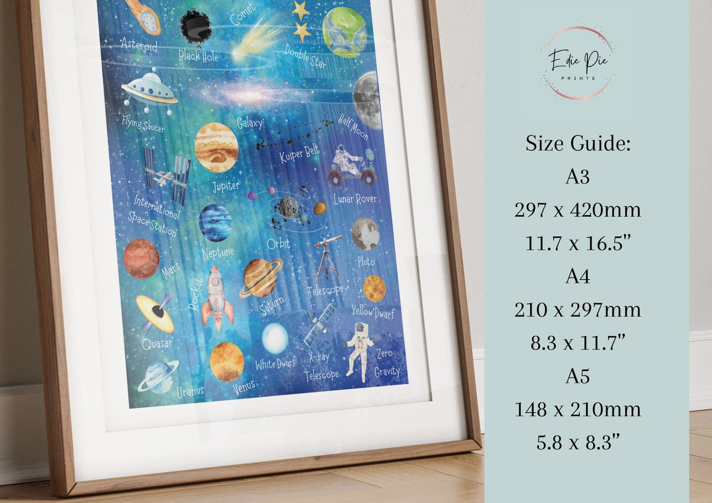 Outer Space Alphabet Print: Watercolor Planets, Rockets, Stars