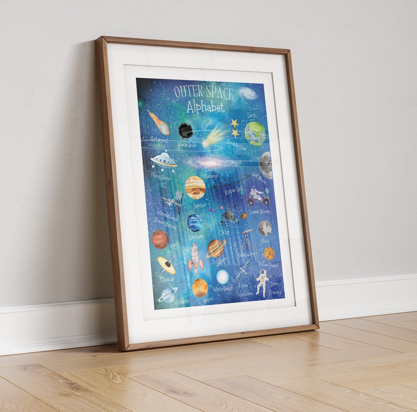 Outer Space Alphabet Print: Watercolor Planets, Rockets, Stars