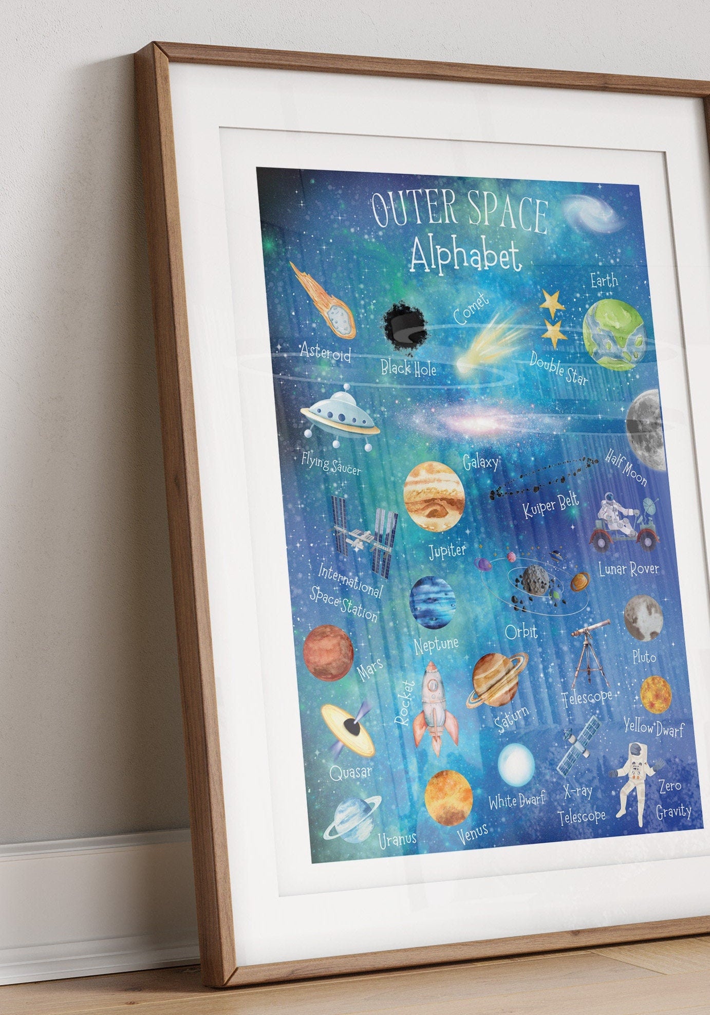 Outer Space Alphabet Print: Watercolor Planets, Rockets, Stars