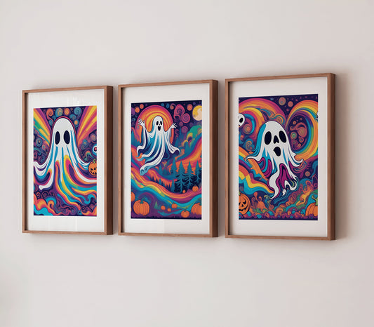 Psychedelic Ghost Print Set: Groovy Halloween Home Decor (Set of 3)