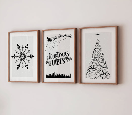 Christmas Print Set: Festive Home Decor, Xmas Tree, Snowflake