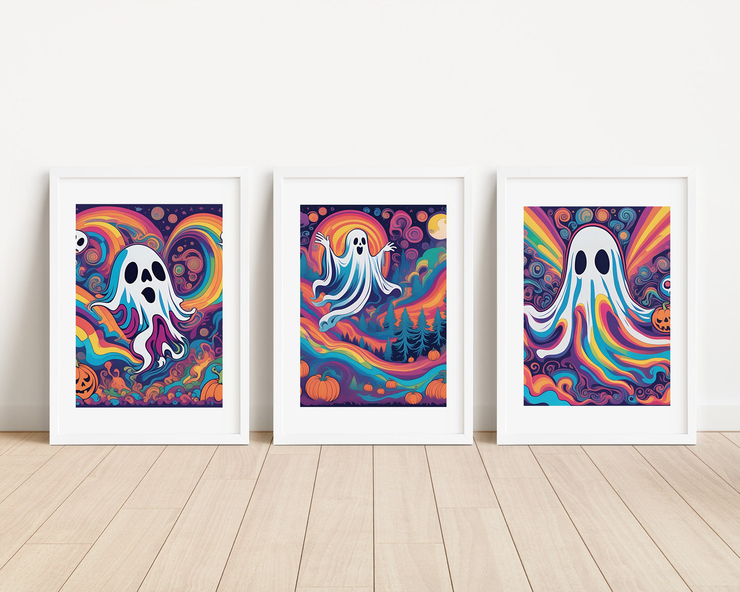 Psychedelic Ghost Print Set: Groovy Halloween Home Decor (Set of 3)
