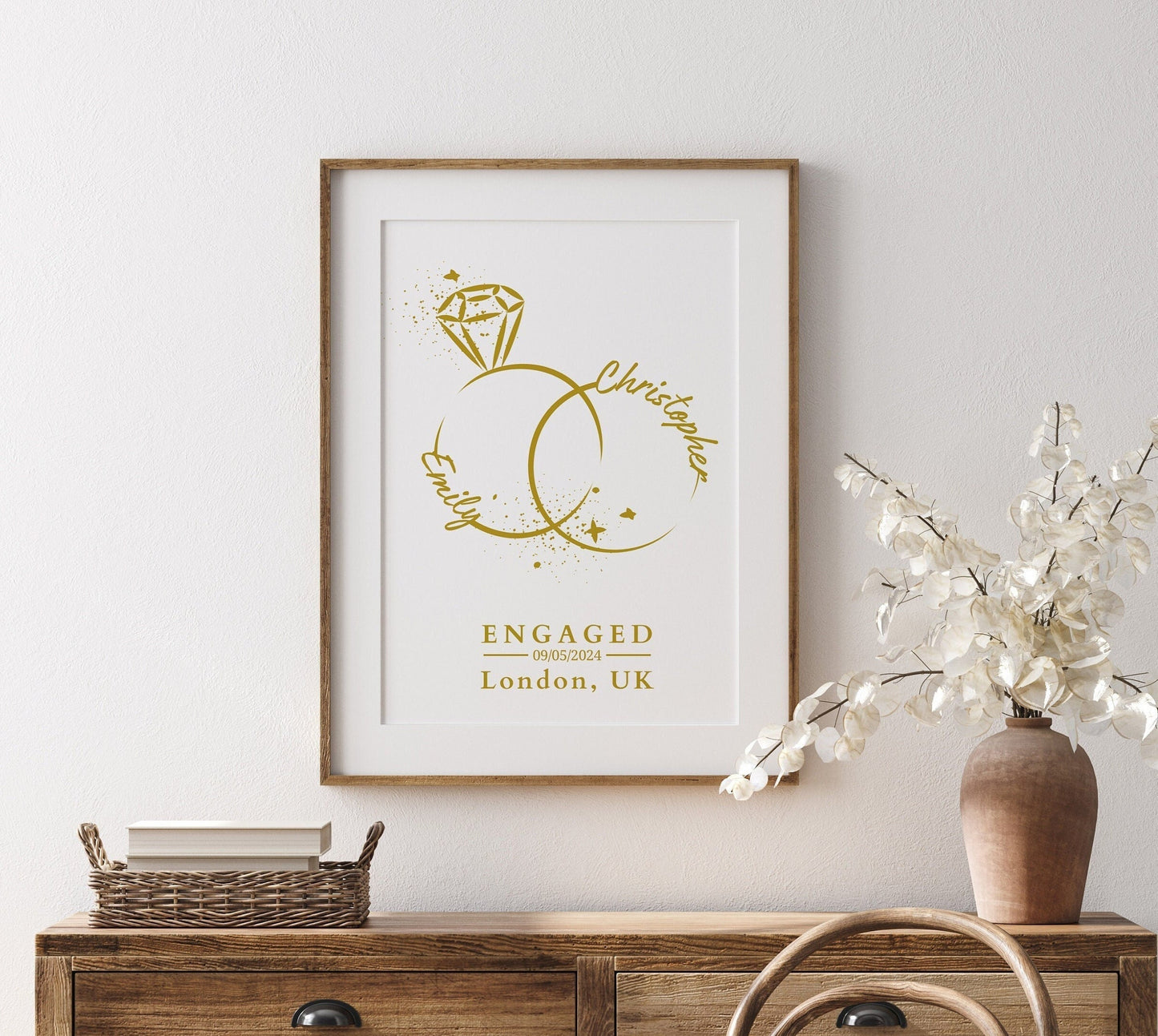 Personalised Engagement Print: Minimalist Rings Line Art, Custom Couple Gift