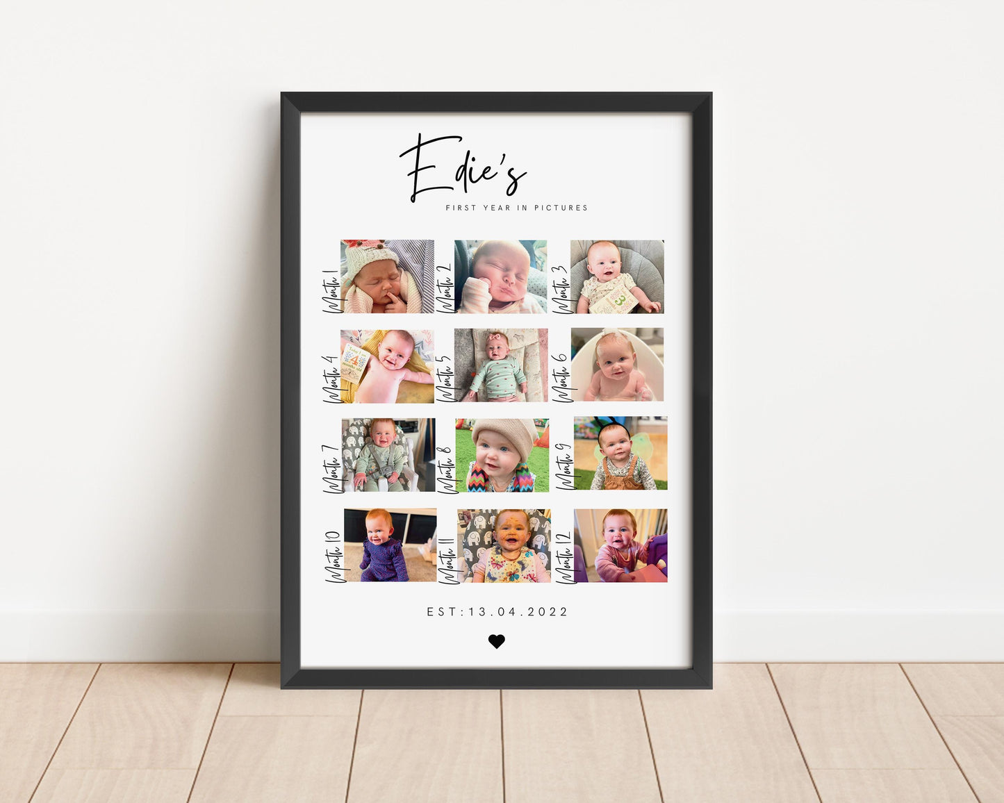 Custom First Year in Pictures Print – A beautiful collage featuring 12 photos, each representing a month of your child&#39;s first year. The months are labeled on each side, with your child&#39;s name displayed at the top.