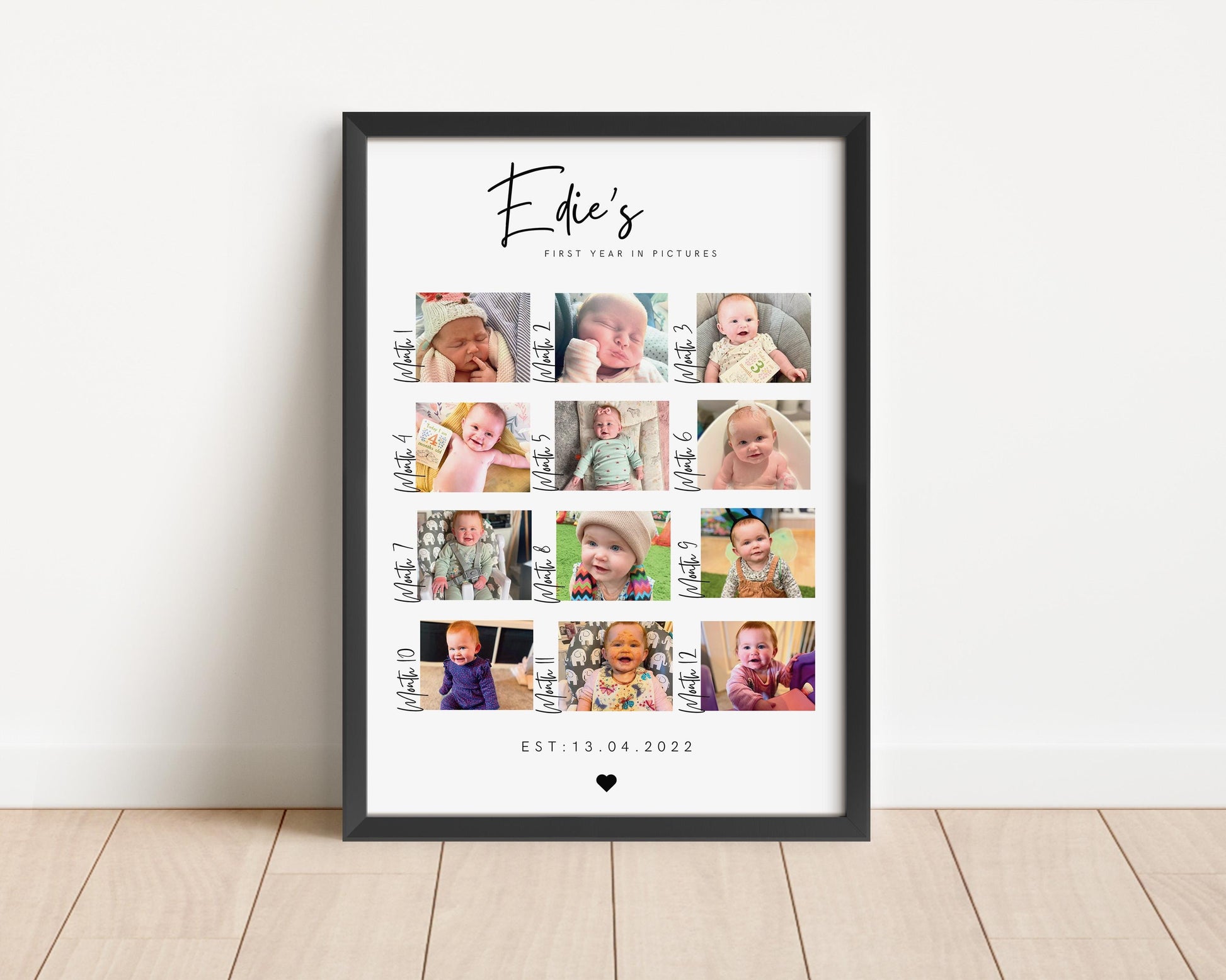 Custom First Year in Pictures Print – A beautiful collage featuring 12 photos, each representing a month of your child&#39;s first year. The months are labeled on each side, with your child&#39;s name displayed at the top.